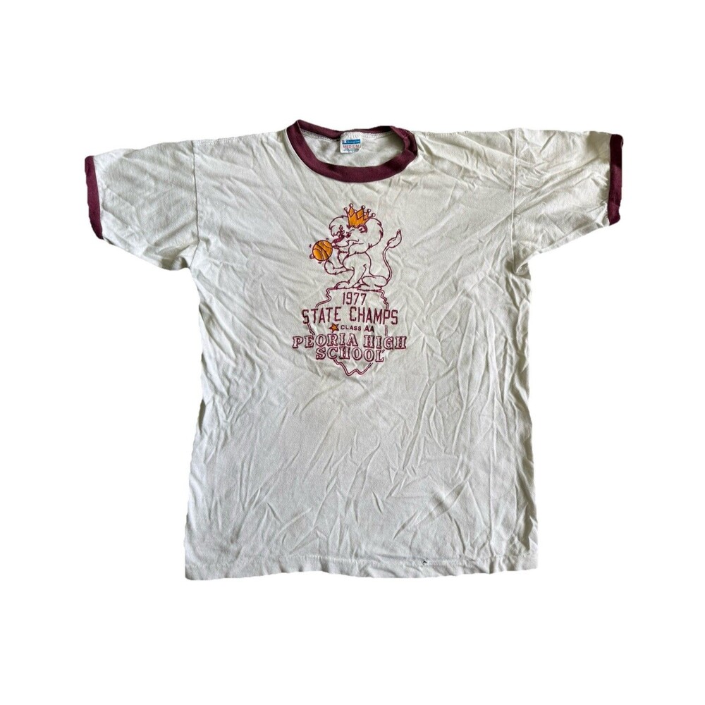 Vintage 70s Champion Blue Bar Ringer Shirt Medium 1977 Peoria High State Champs